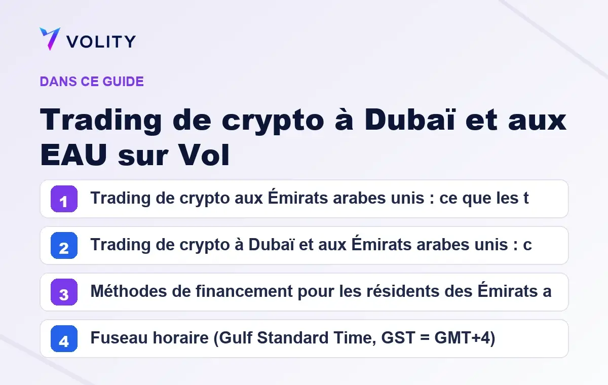 Sections clés de ce guide Volity sur Trading de crypto à Dubaï et aux EAU sur Vol