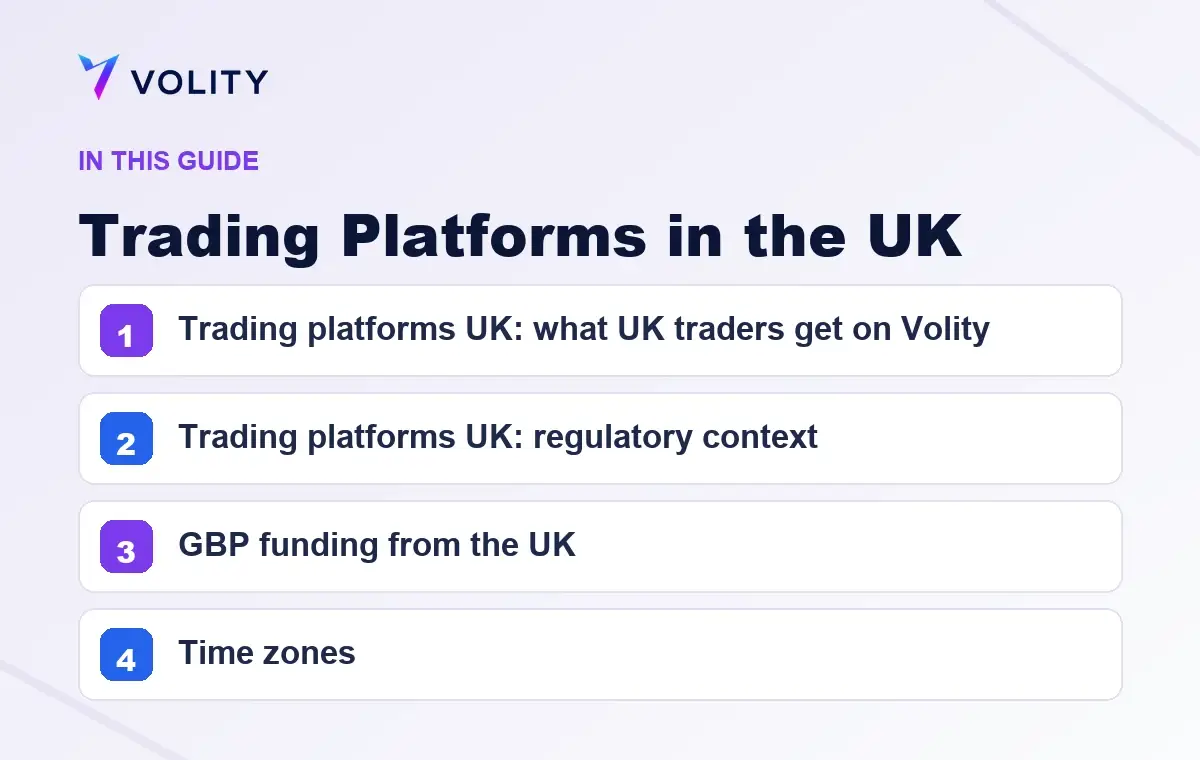 Key sections covered in this Volity guide to Trading Platforms in the UK