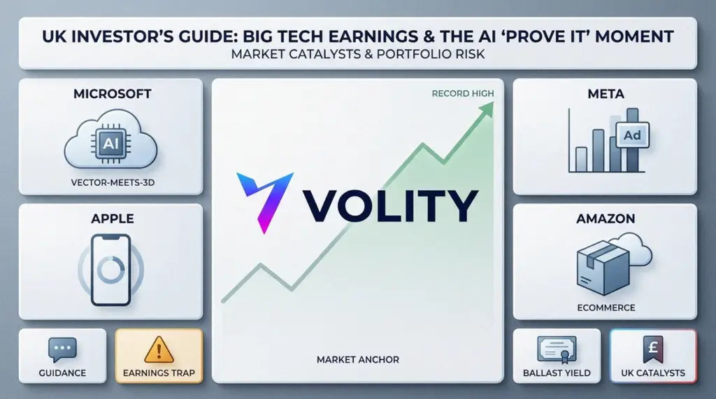 UK retail investors tracking Big Tech earnings from Microsoft, Apple, Meta and Amazon alongside Bitcoin and AI sector charts in May 2026