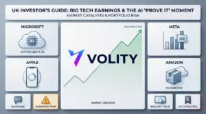 UK retail investors tracking Big Tech earnings from Microsoft, Apple, Meta and Amazon alongside Bitcoin and AI sector charts in May 2026