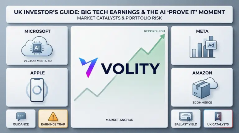 UK retail investors tracking Big Tech earnings from Microsoft, Apple, Meta and Amazon alongside Bitcoin and AI sector charts in May 2026