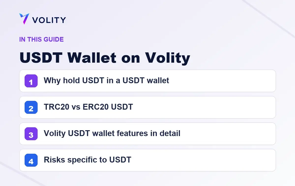 Key sections covered in this Volity guide to USDT Wallet on Volity