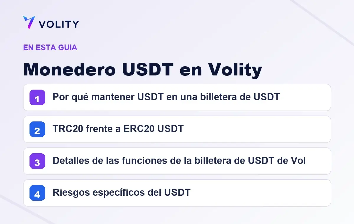 Secciones clave de esta guía de Volity sobre Monedero USDT en Volity