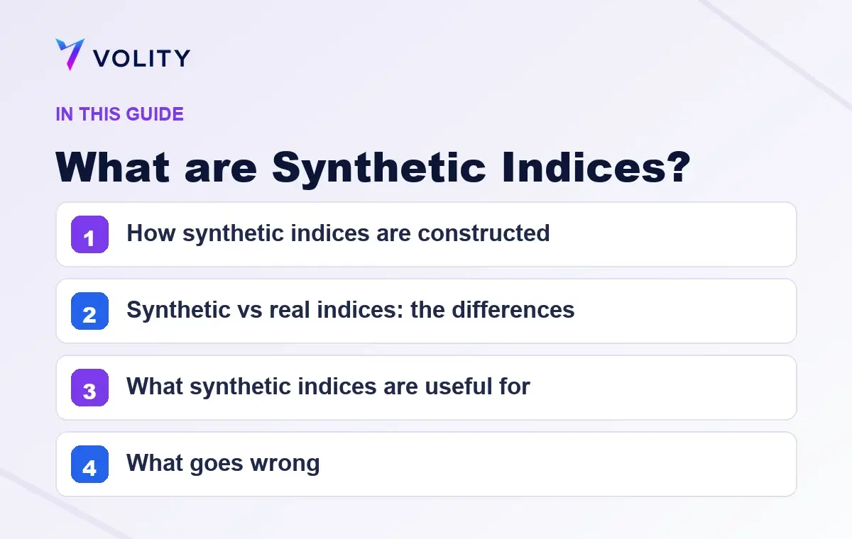 Key sections covered in this Volity guide to What are Synthetic Indices?