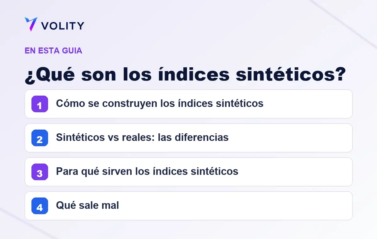 Secciones clave de esta guía de Volity sobre ¿Qué son los índices sintéticos?