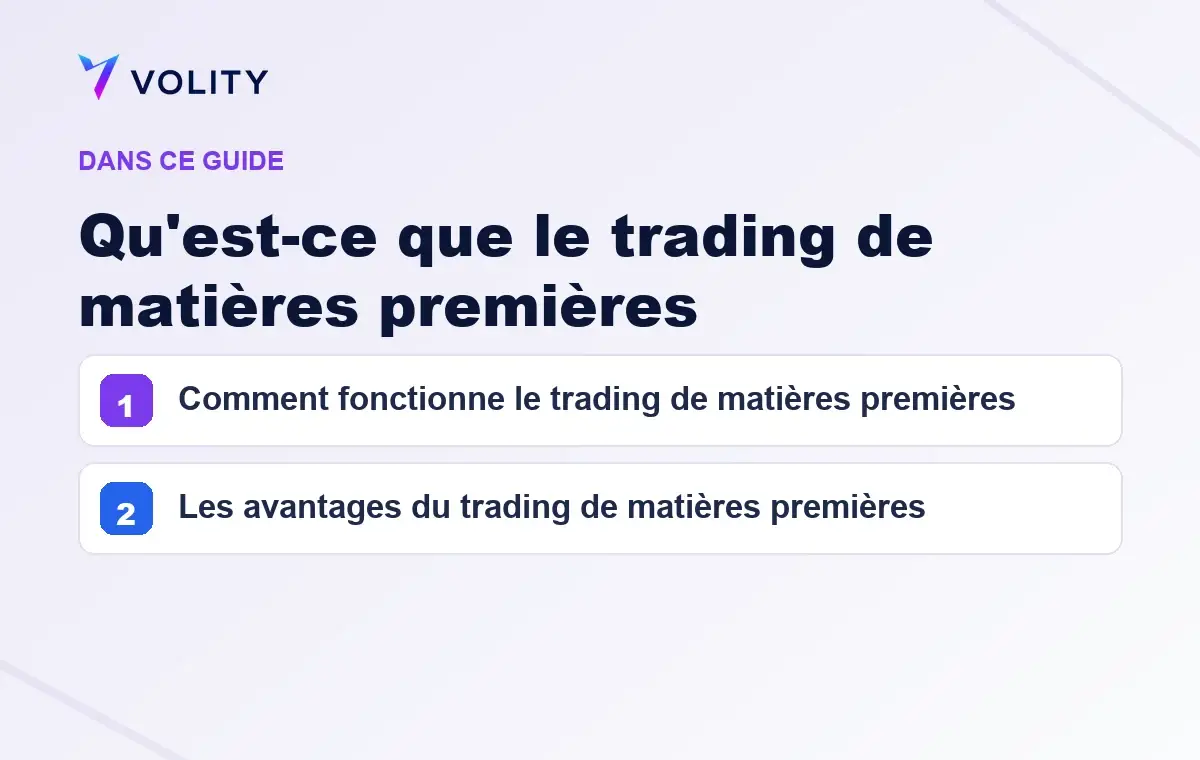 Sections clés de ce guide Volity sur Qu'est-ce que le trading de matières premières