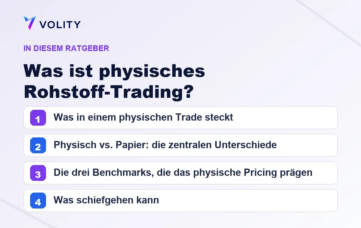 Wichtige Abschnitte in diesem Volity-Ratgeber zu Was ist physisches Rohstoff-Trading?