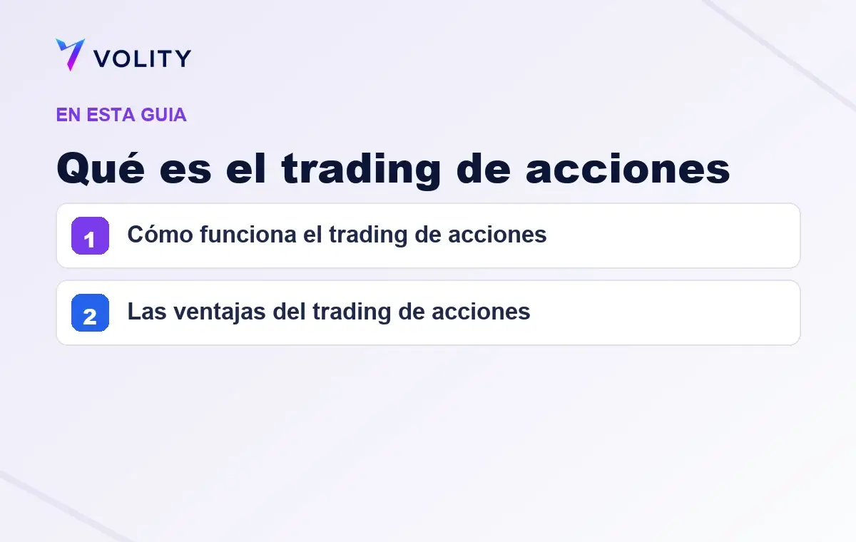 Secciones clave de esta guía de Volity sobre Qué es el trading de acciones