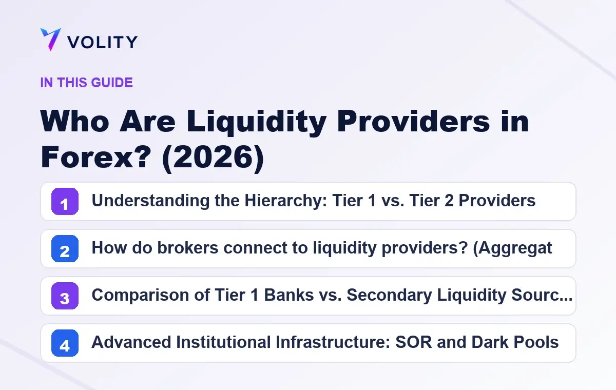 Key sections covered in this Volity guide to Who Are Liquidity Providers in Forex? (2026)