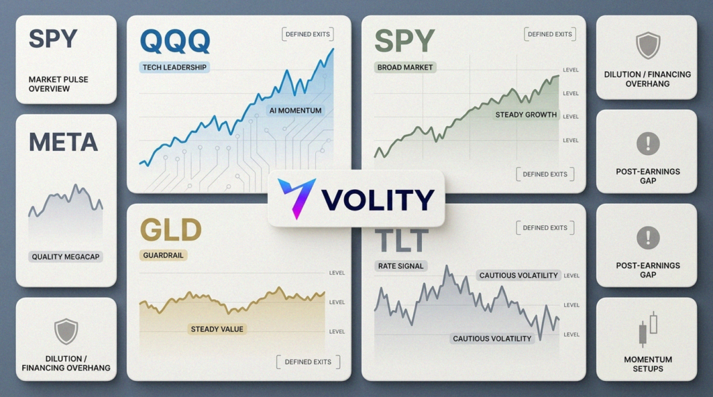 SPY, QQQ lead risk-on; hedge with GLD & TLT, buy META dips