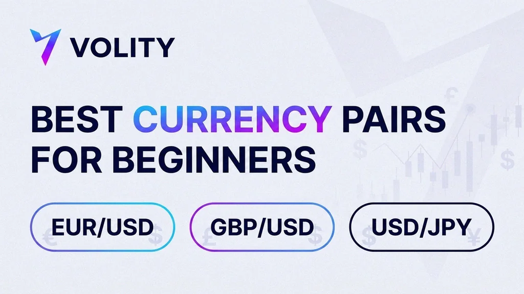 Volity cover collage asking which currency pair a beginner should trade first, with EUR/USD, USD/JPY and GBP/USD tiles, liquidity and spread badges and a beginner route arrow