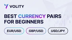 Volity cover collage asking which currency pair a beginner should trade first, with EUR/USD, USD/JPY and GBP/USD tiles, liquidity and spread badges and a beginner route arrow