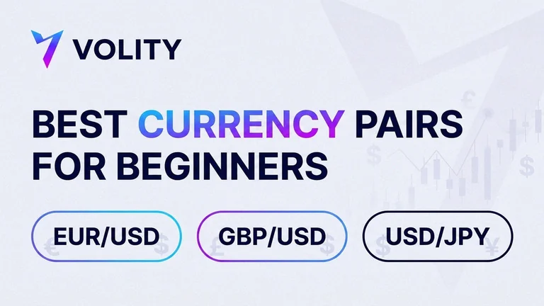 Volity cover collage asking which currency pair a beginner should trade first, with EUR/USD, USD/JPY and GBP/USD tiles, liquidity and spread badges and a beginner route arrow
