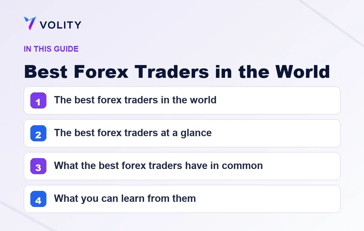 Key sections covered in this Volity guide to Best Forex Traders in the World