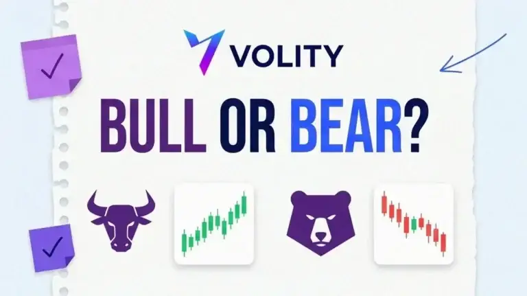 Volity blog cover: a stylized bull emblem over a rising chart and a bear emblem over a falling chart, with the headline Bull or Bear and the Volity wordmark