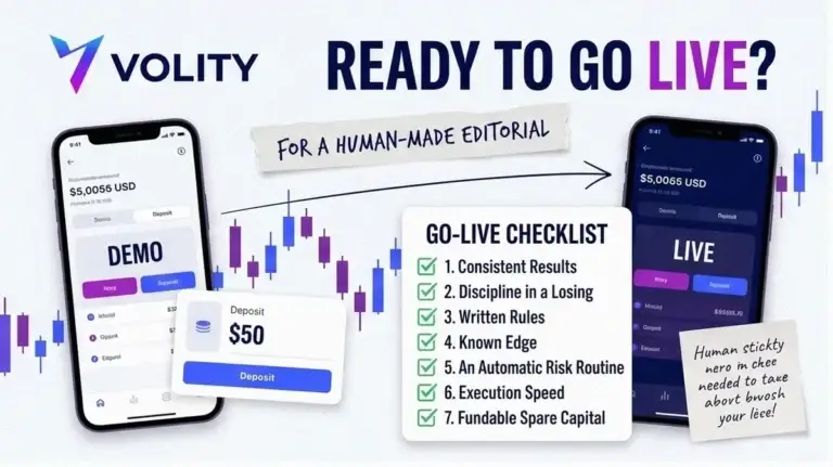 Volity fintech collage cover for the demo vs live trading guide: a DEMO app screen and a LIVE app screen side by side with a seven-step go-live checklist, a small deposit card and a candlestick chart, captioned 'Ready to go live?'