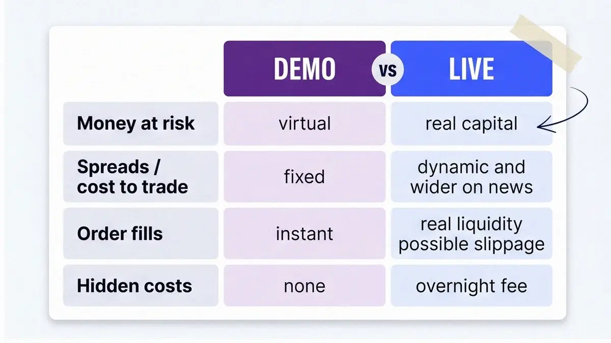 Comparison table card showing what changes from a demo account to a live account: money at risk, spreads, order fills and hidden costs, in the Volity app style.