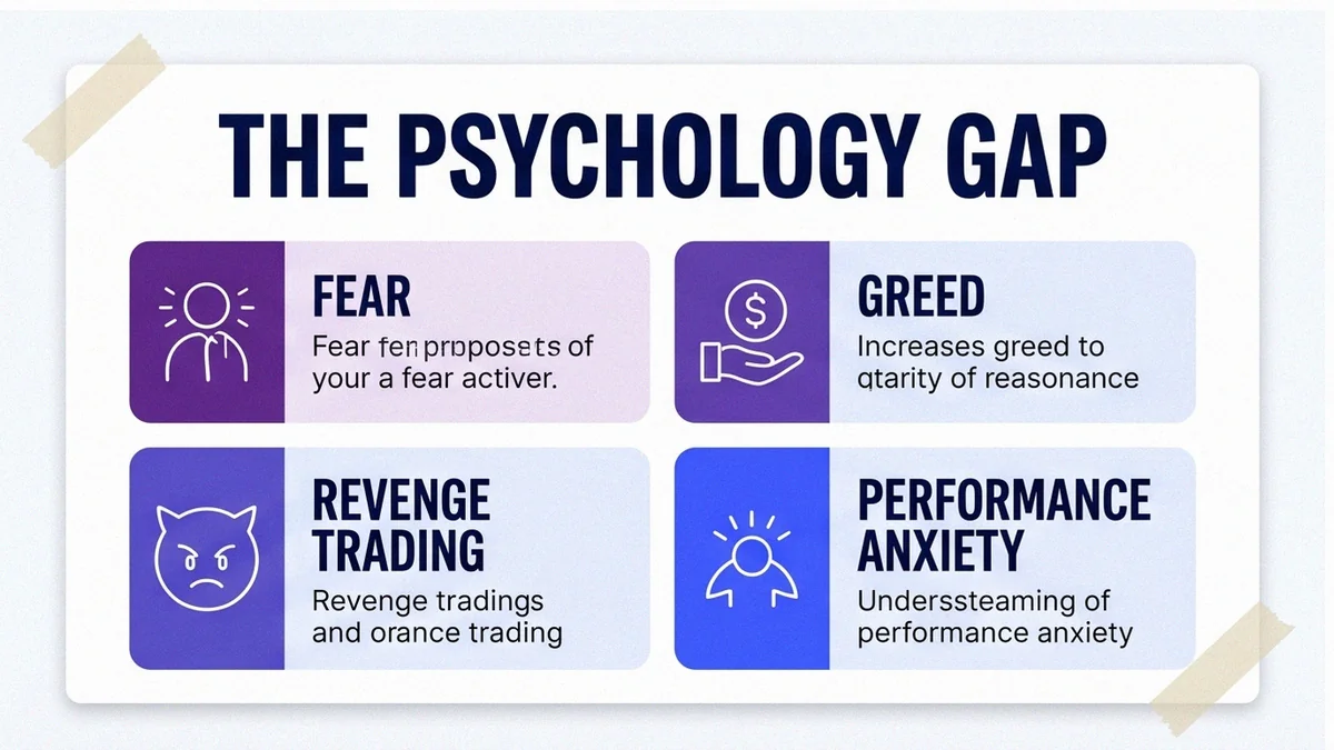 Infographic card explaining the demo-to-live psychology gap: fear, greed, revenge trading and performance anxiety, the four emotions real money triggers.
