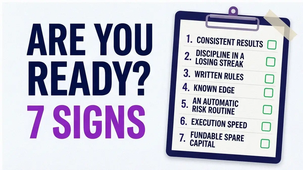 Seven-sign readiness checklist board for switching from demo to live trading: consistent results, discipline under a losing streak, written rules, known edge, a risk routine, execution speed and fundable spare capital.