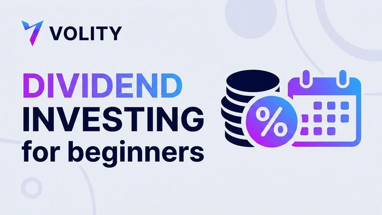 Volity dividend investing cover: a payout card with recurring coin drops, a reinvestment loop arrow and a rising income chart in Volity purple, captioned GET PAID TO HOLD.