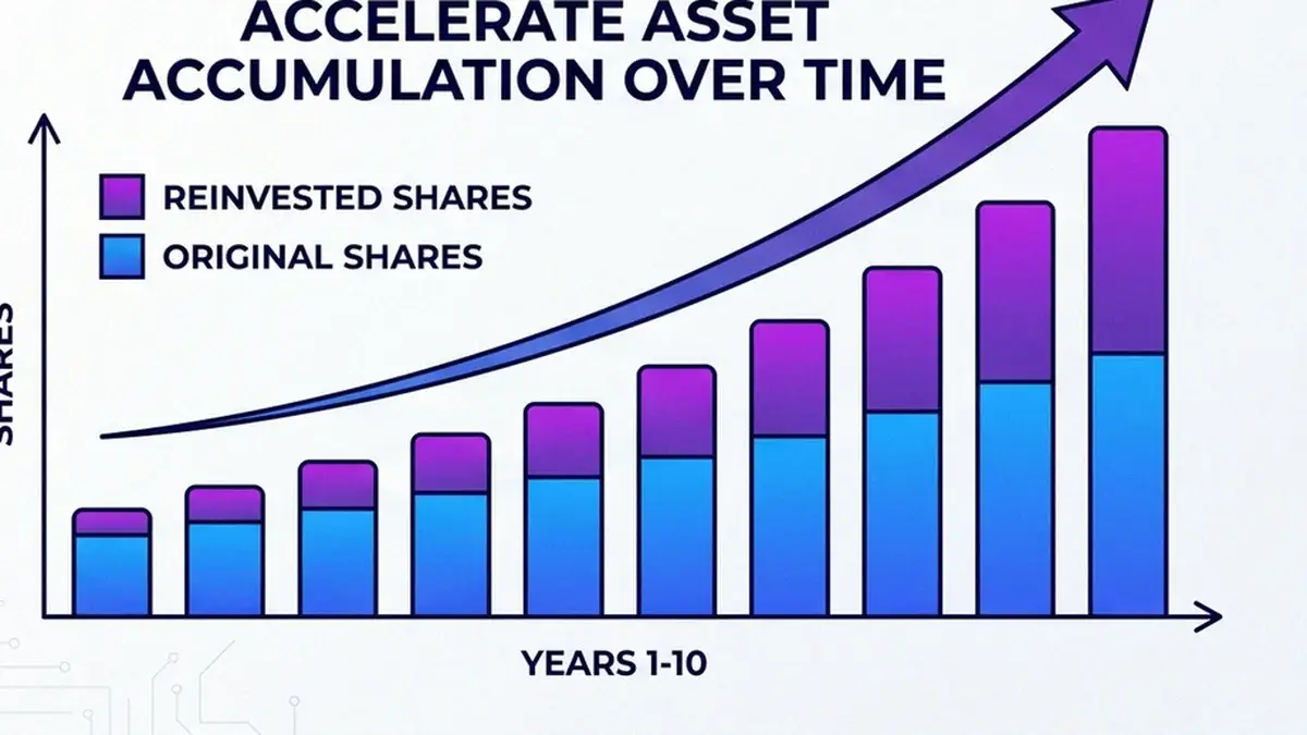 Rising staircase of share counts showing reinvested dividends compounding a holding over many years