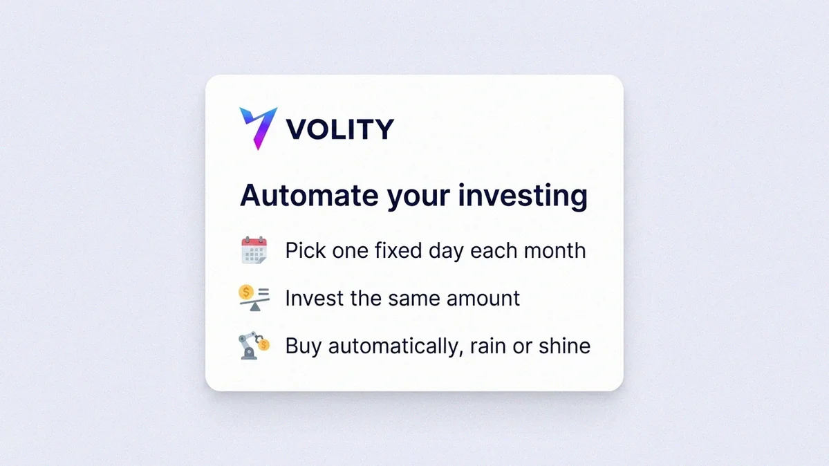 Infographic card defining dollar-cost averaging as investing a fixed amount on a fixed schedule regardless of price