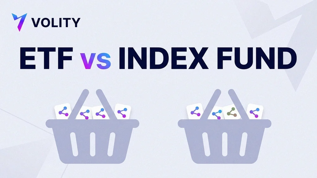 Volity brand collage cover: two fund cards labelled ETF and INDEX FUND beside a basket-of-stocks motif and a comparison-table fragment, headline reading ETF or index fund