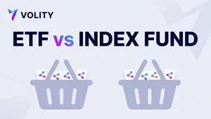 Volity brand collage cover: two fund cards labelled ETF and INDEX FUND beside a basket-of-stocks motif and a comparison-table fragment, headline reading ETF or index fund