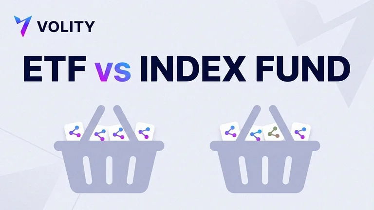 Volity brand collage cover: two fund cards labelled ETF and INDEX FUND beside a basket-of-stocks motif and a comparison-table fragment, headline reading ETF or index fund
