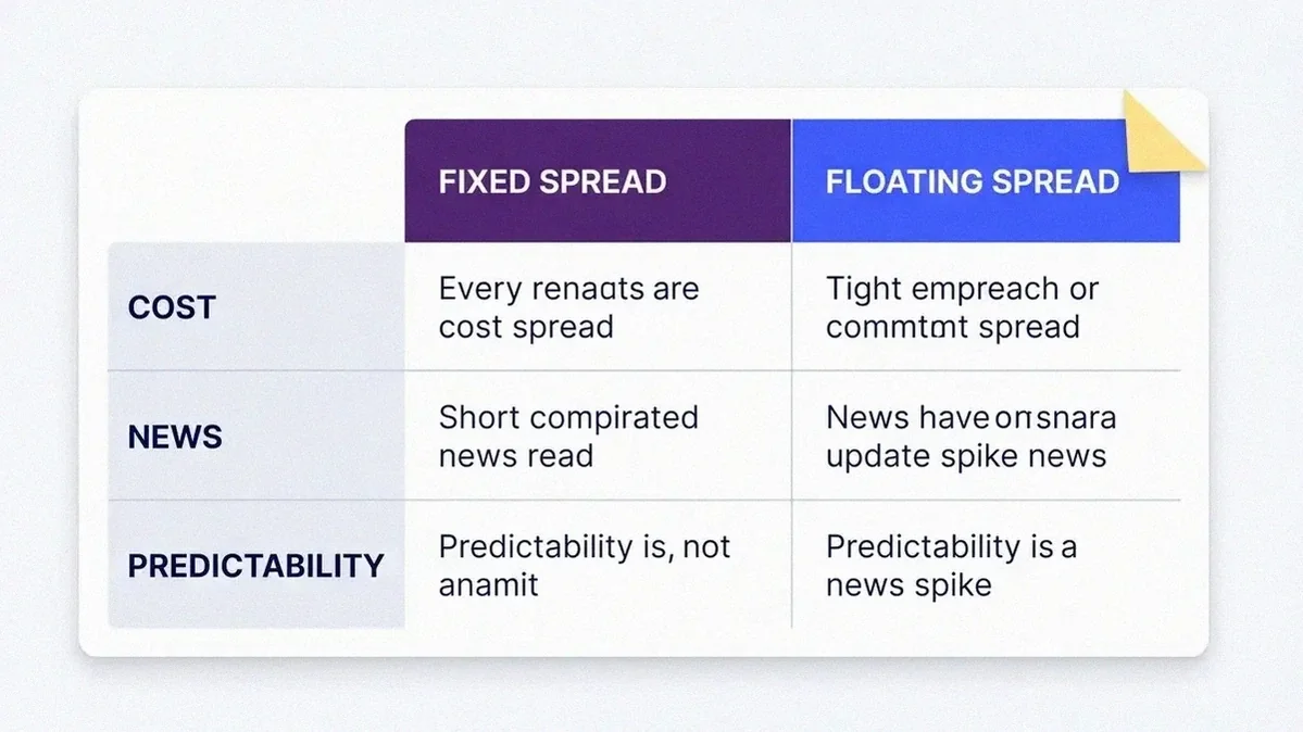 Comparison table of fixed versus floating spread on cost, news behaviour and predictability in the Volity app style