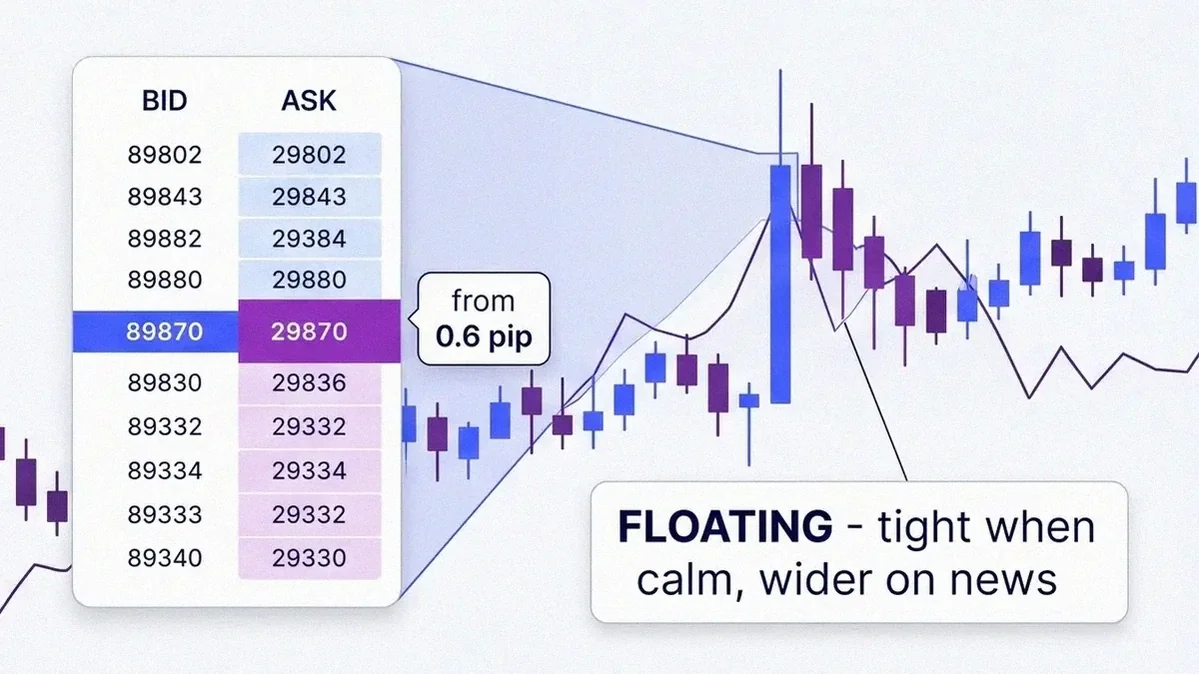 Price ladder showing a floating spread tightening to 0.6 pip in calm conditions and widening around a news spike