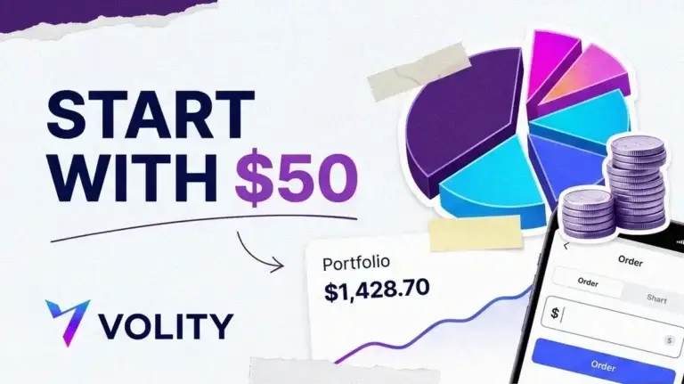 Volity fintech collage cover: a single share sliced into fractional wedges, a $50 coin stack and a rising portfolio card, captioned START WITH $50