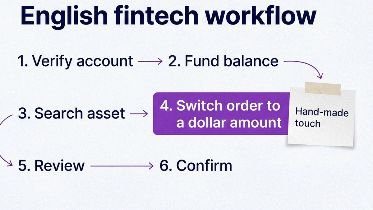 Numbered workflow diagram for buying a first fractional share: verify account, fund balance, search asset, switch order to a dollar amount, review and confirm