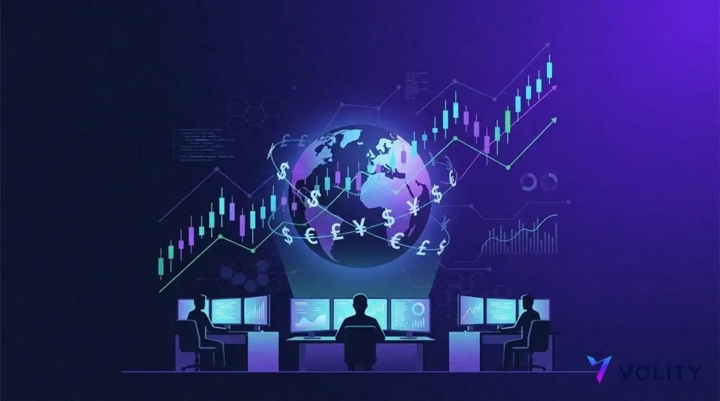 Globe with currency symbols, forex charts and trader silhouettes, Volity logo