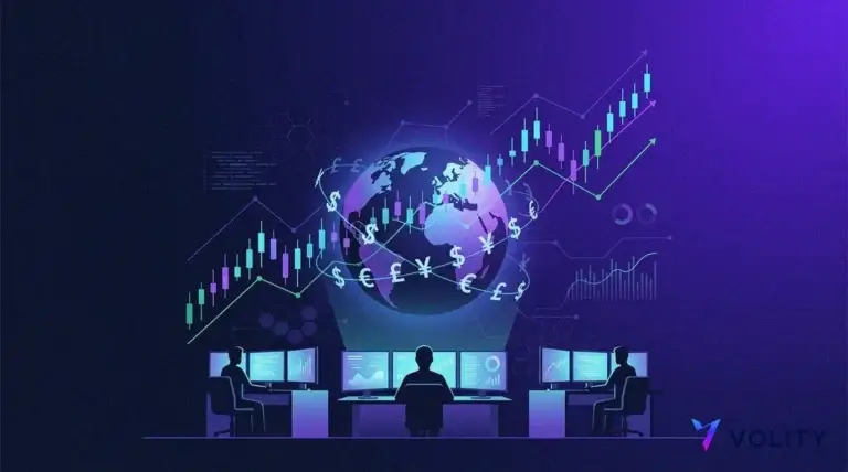 Globe with currency symbols, forex charts and trader silhouettes, Volity logo