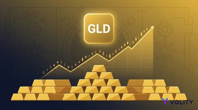 Stacked gold bars and a rising GLD gold ETF chart with the Volity logo