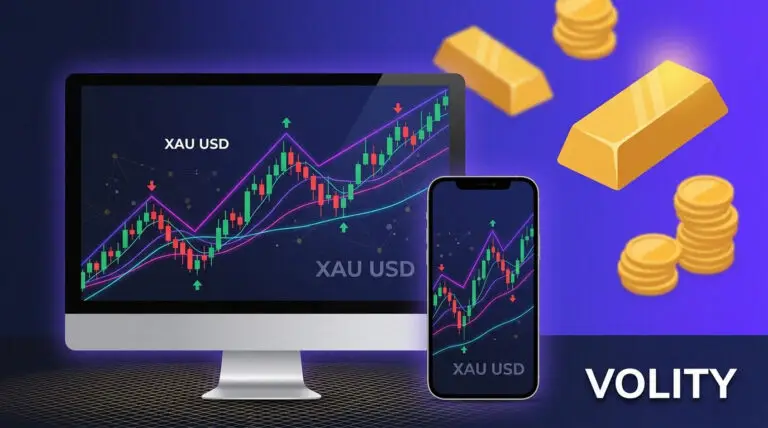 Volity gold trading platform with XAU USD chart, trend lines and gold bars