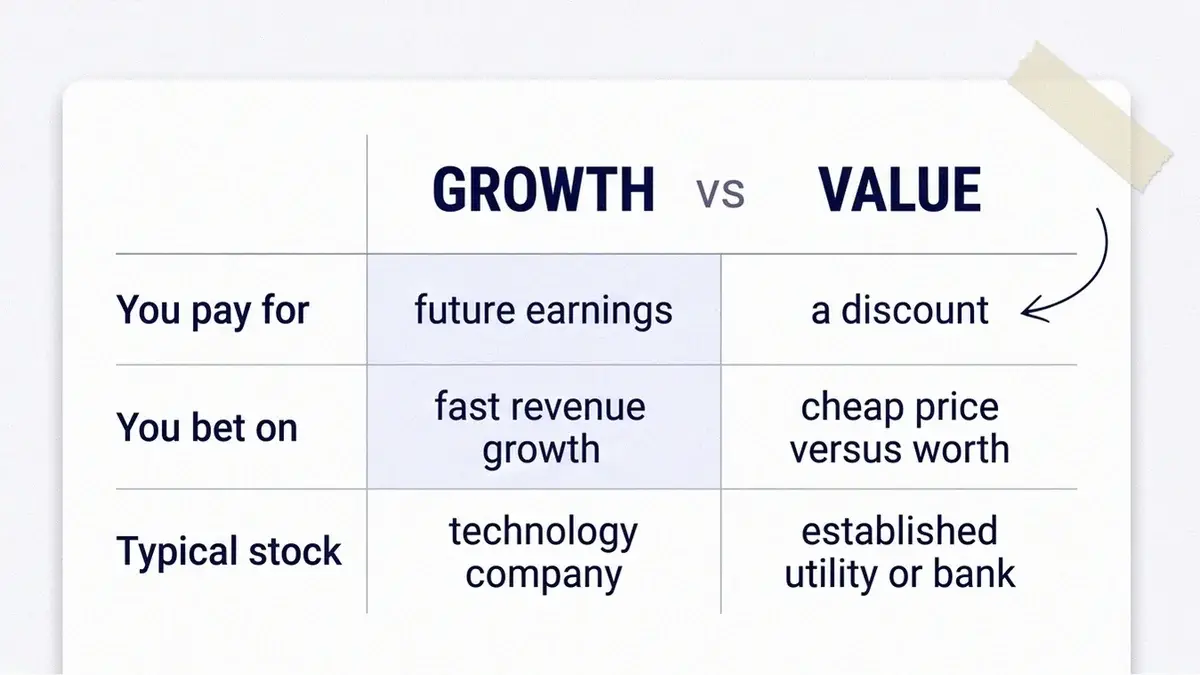 Vergleichstabelle: Growth-Investing zahlt für schnelle zukünftige Gewinne, während Value-Investing solide Unternehmen mit Abschlag auf ihren Wert kauft.