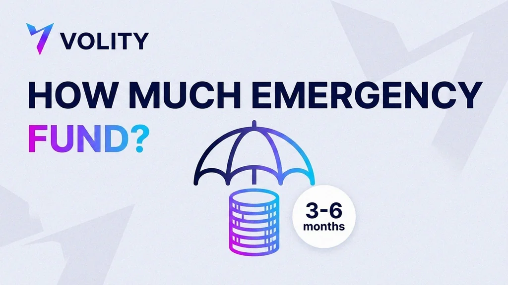 Volity brand cover for how much an emergency fund should be, with a shield over rent, food and bills essentials blocks and an easy-access cash vault under the EMERGENCY FUND headline