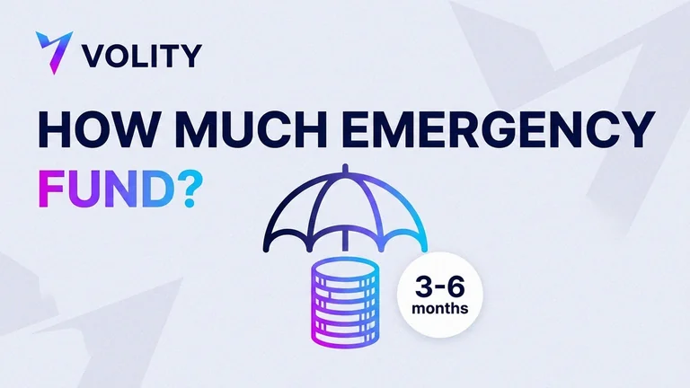 Volity brand cover for how much an emergency fund should be, with a shield over rent, food and bills essentials blocks and an easy-access cash vault under the EMERGENCY FUND headline