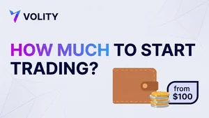 Volity fintech brand collage asking how much money you need to start trading, showing a $50 deposit card, coins growing into a portfolio, and a position-size calculator in the Volity purple palette.