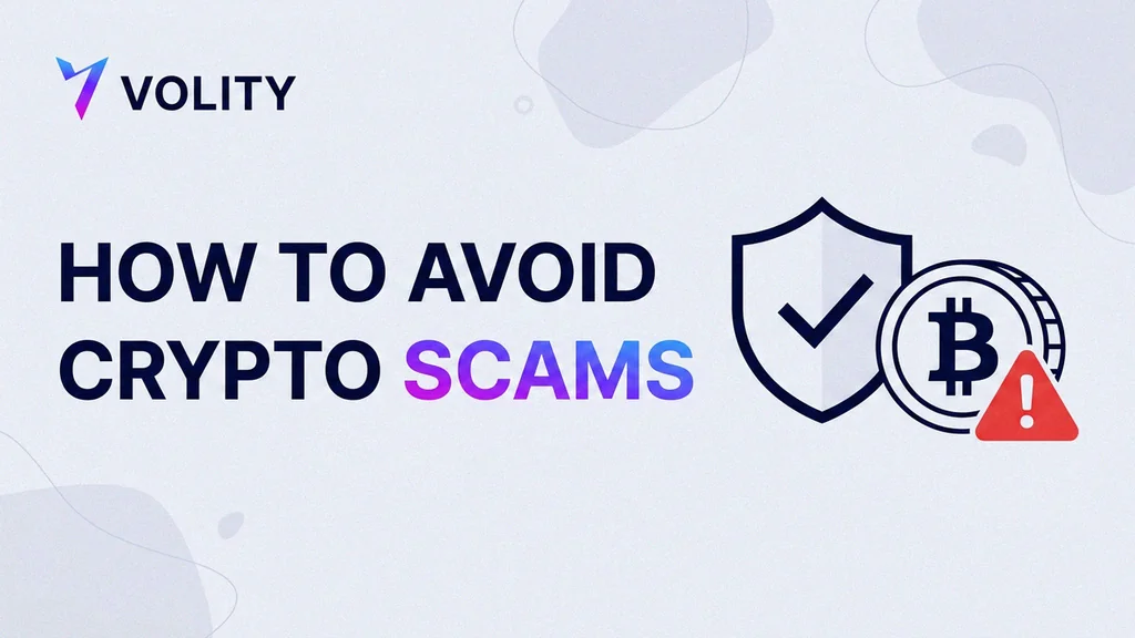 Volity crypto-safety cover collage: a red-flag warning over a fake-token alert, a purple shield protecting a wallet, and a safety checklist, with the Volity wordmark.