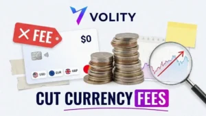 Volity fintech collage cover: a $0 multi-currency wallet card with currency chips, a crossed-out currency fee tag and a magnifier over a marked-up exchange rate, under the bold caption CUT CURRENCY FEES.