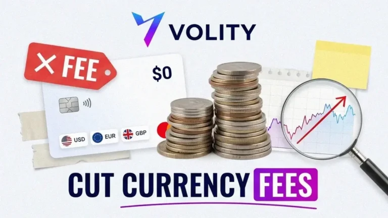 Volity fintech collage cover: a $0 multi-currency wallet card with currency chips, a crossed-out currency fee tag and a magnifier over a marked-up exchange rate, under the bold caption CUT CURRENCY FEES.