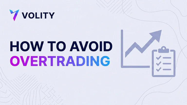 Volity blog cover collage: a hand-drawn STOP marker over a flurry of scattered order tickets next to one calm single trade card and a discipline checklist, with the headline Trade Less, Better and the Volity wordmark