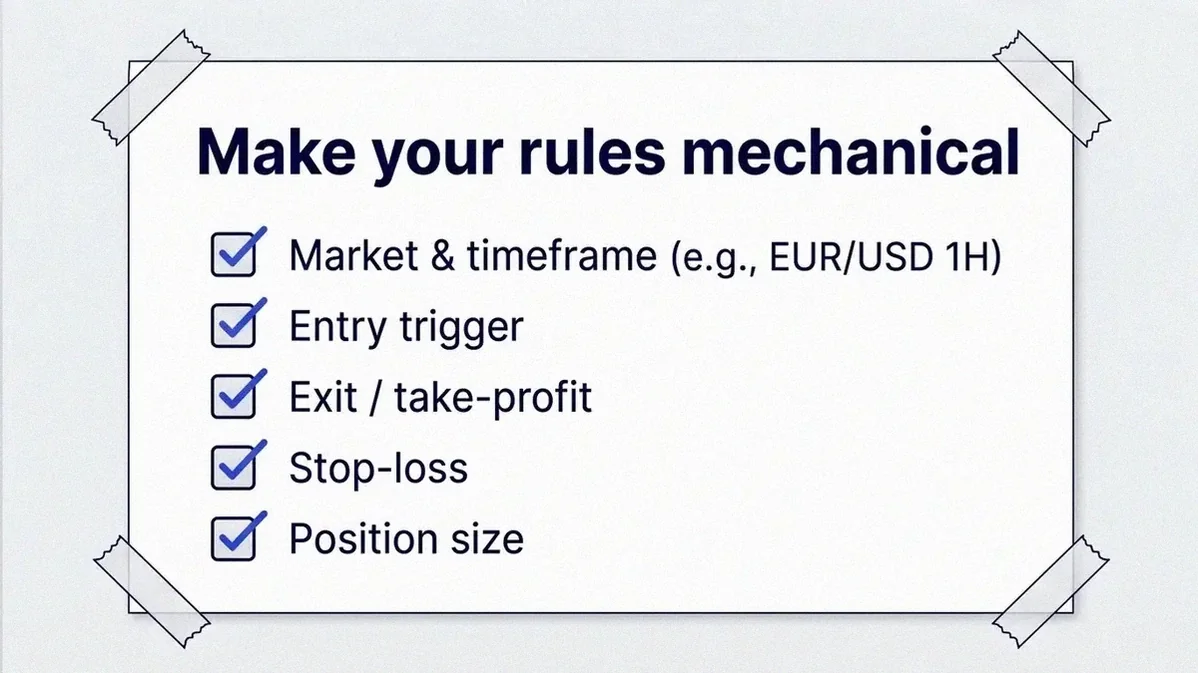 Volity checklist board titled Make your rules mechanical with five ticked items: market and timeframe, entry trigger, exit or take-profit, stop-loss and position size.