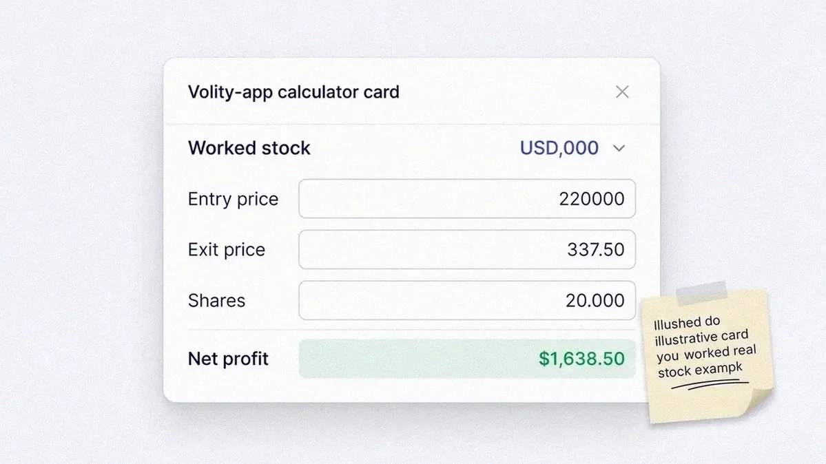 Volity calculator card working out a stock trade with entry, exit, share count and a highlighted profit result