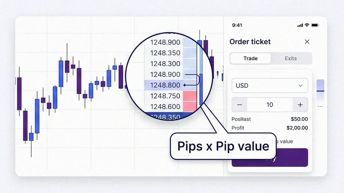 Volity forex chart UI showing pips moved times pip value to calculate profit on a currency trade