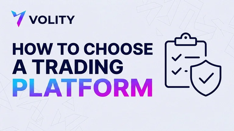 Volity fintech collage cover: a 10-point trading-platform checklist board with green ticks, surrounded by fee-tag, shield, candlestick chart and $0 wallet icon cards and a multi-asset app screen, captioned '10 BOXES TO TICK', with the Volity wordmark.