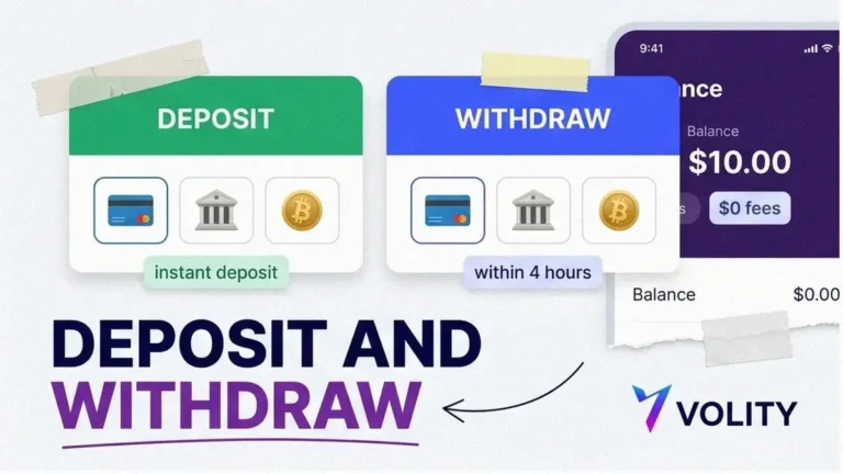Volity fintech collage cover: a green deposit card and a blue withdraw card with card, bank and crypto icons and an instant or within four hours tag, captioned DEPOSIT AND WITHDRAW